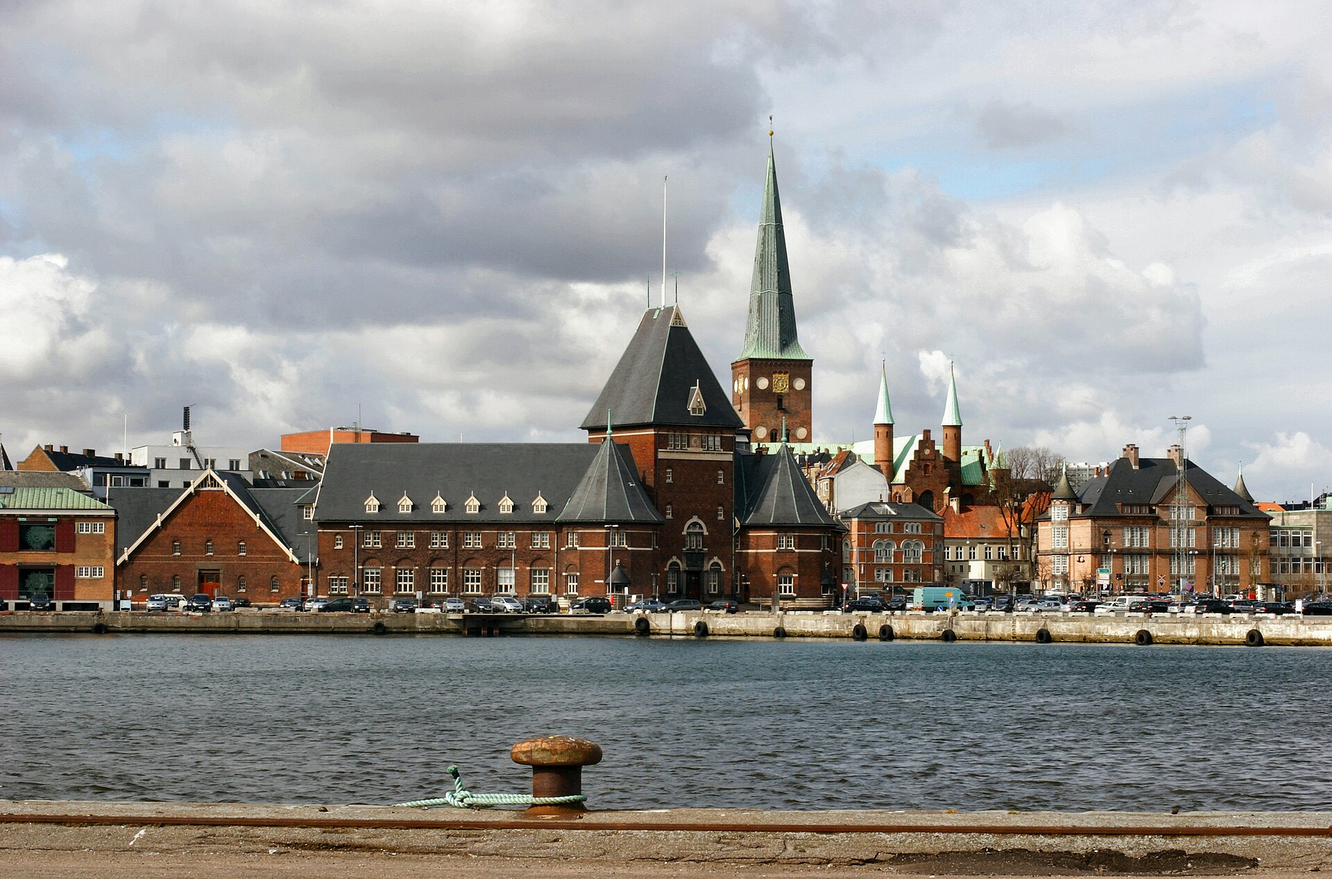 Harbor view in Aarhus with waterfront buildings and docks