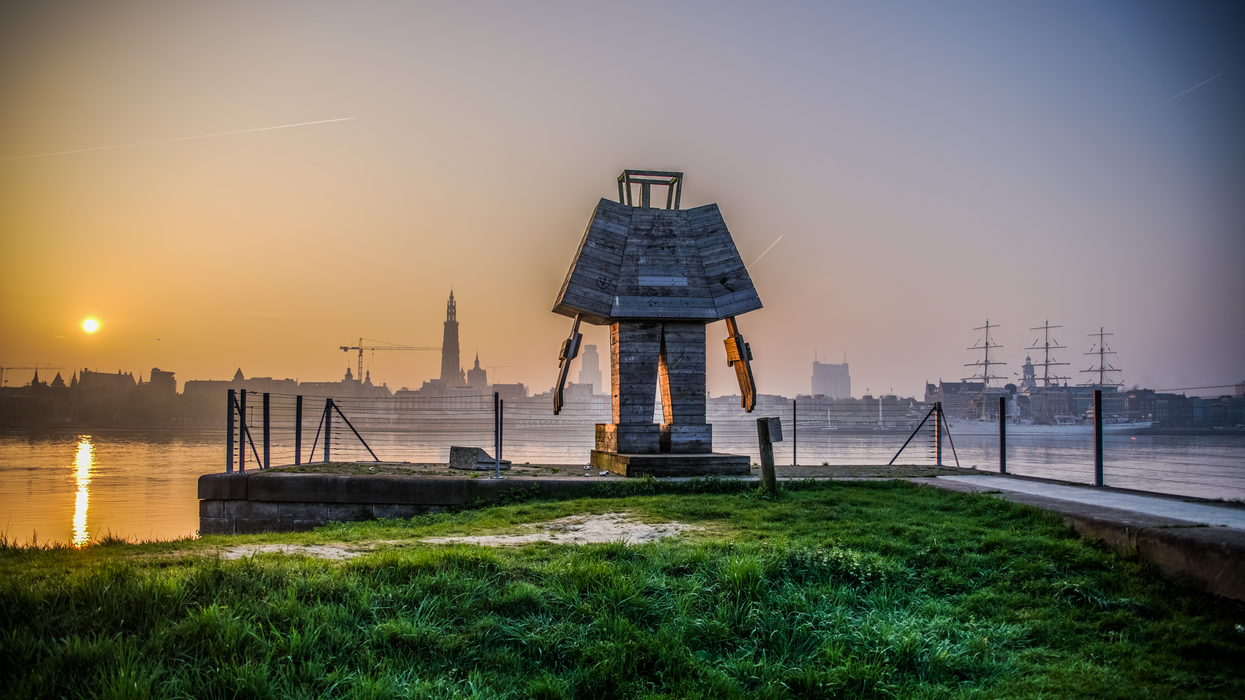 Antwerp skyline at sunset from across the river