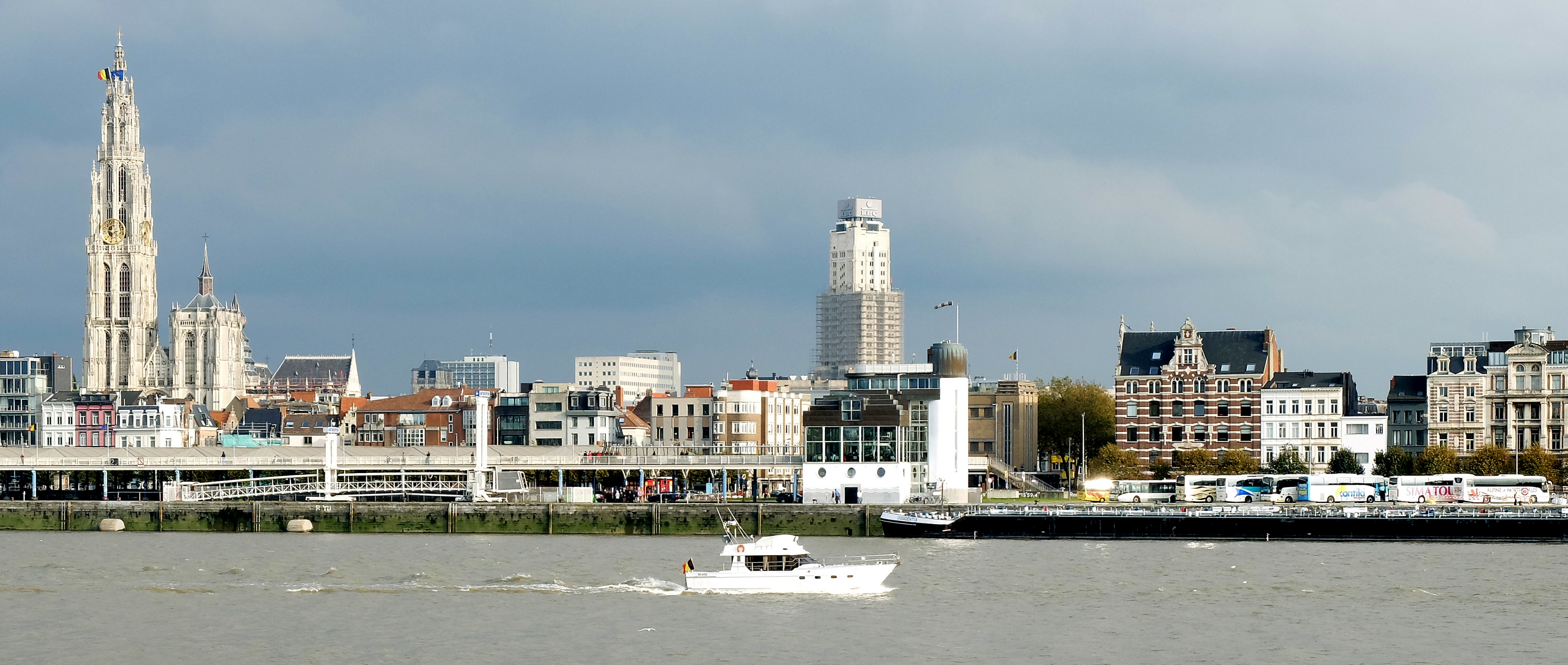 Antwerp skyline and Cathedral of Our Lady across the river Scheldt