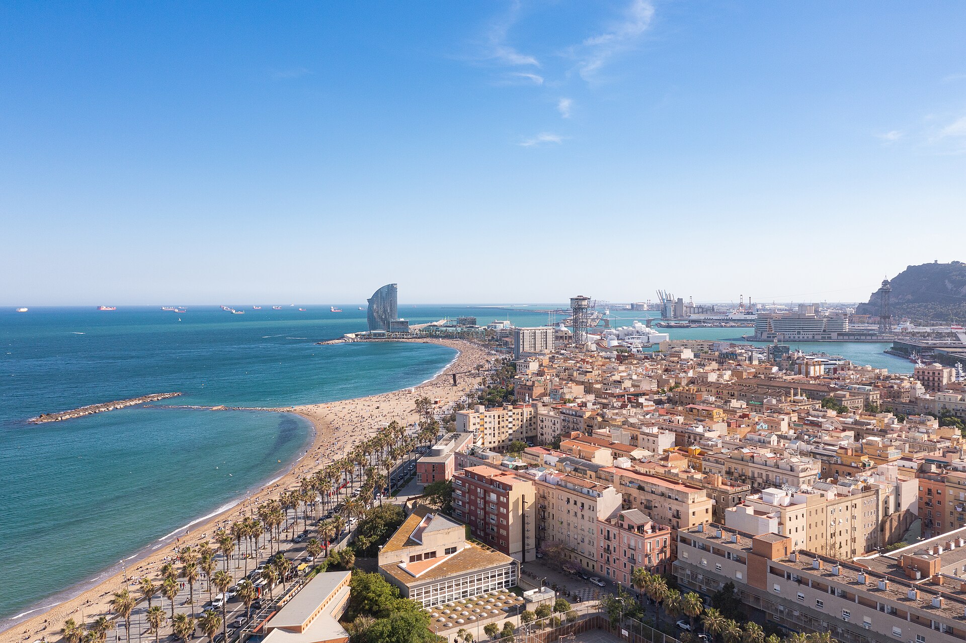 Aerial view of Barceloneta Beach and Port Vell in Barcelona