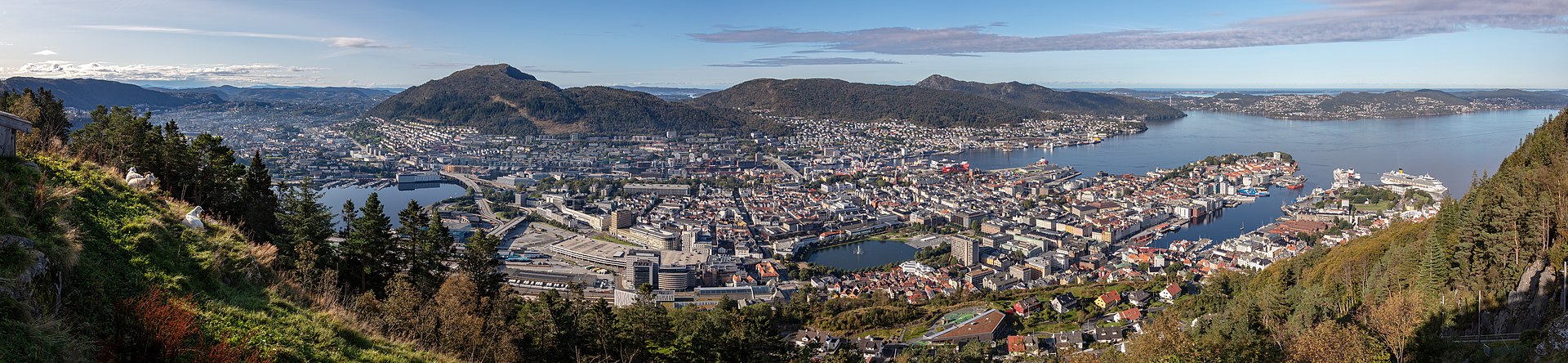View over Bergen from the mountains with the harbor below