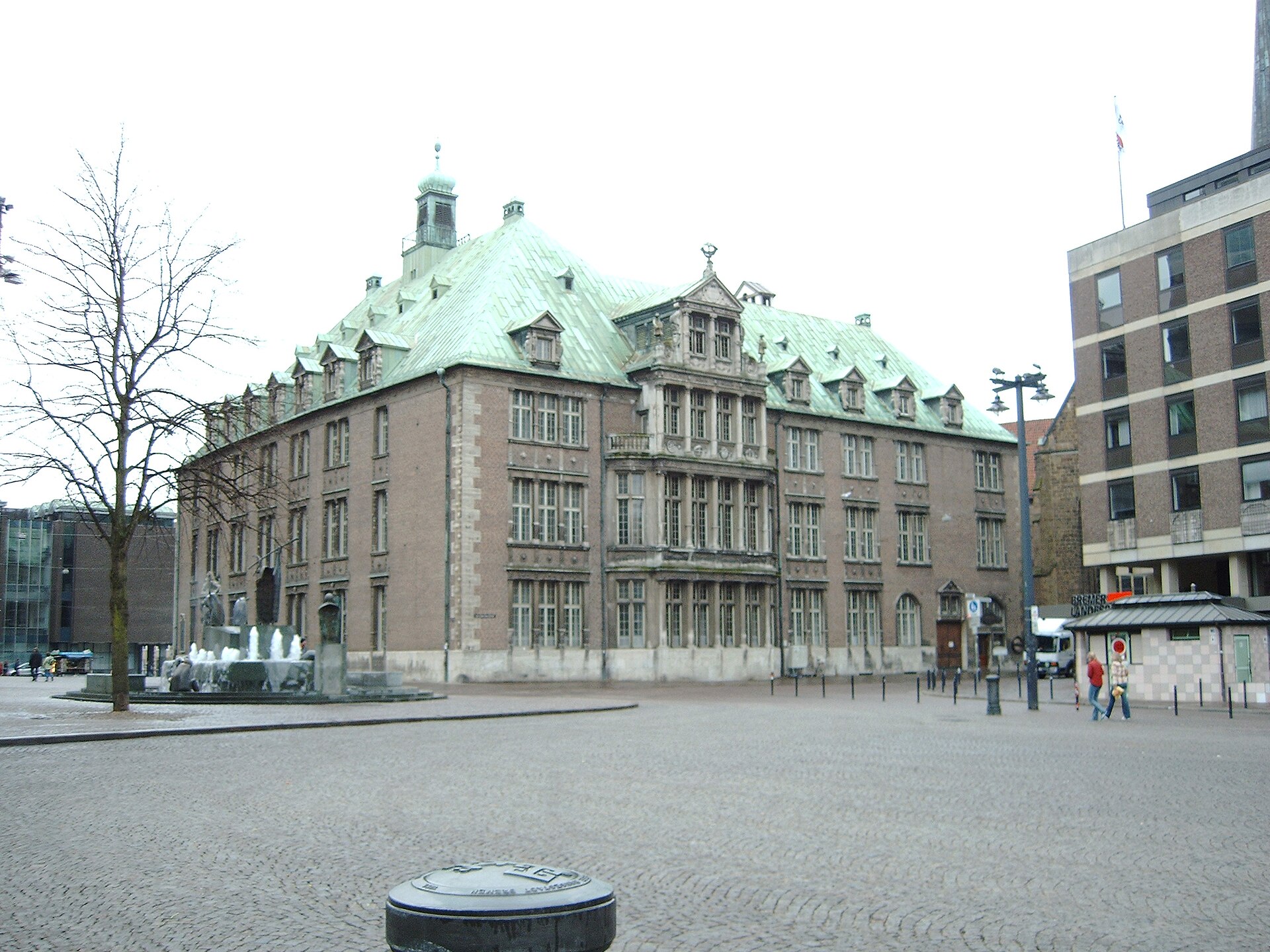 Bremen's New Town Hall on Domshof with the cathedral towers rising behind