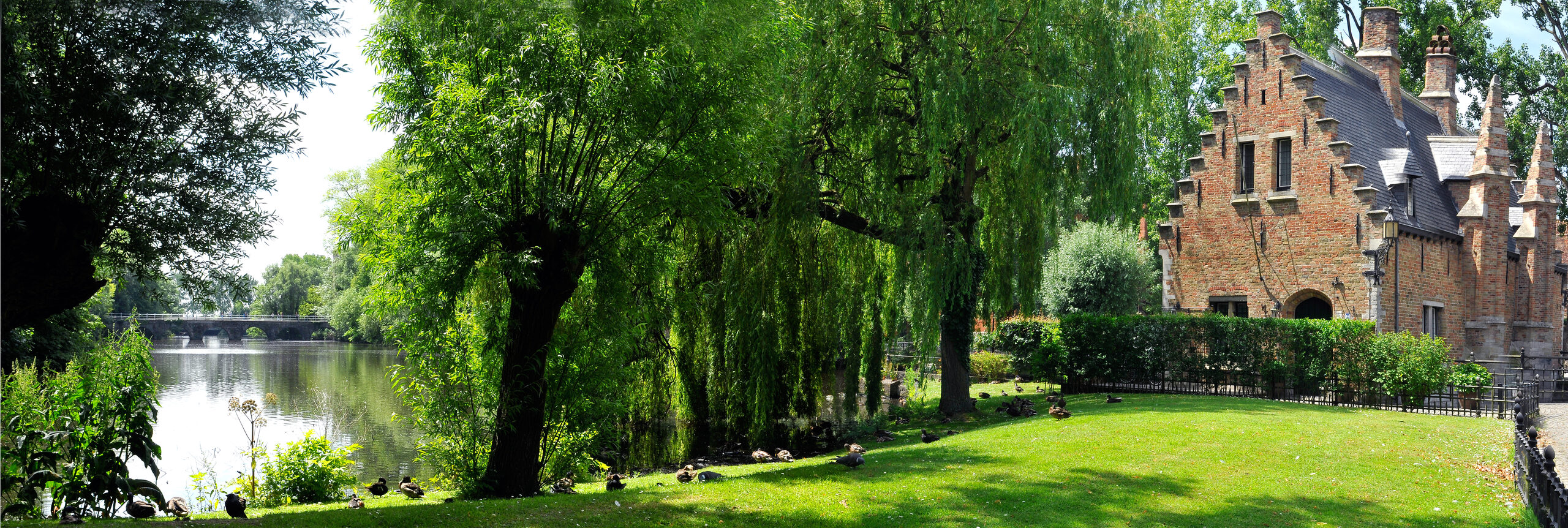 Minnewater park and water in Bruges on a green summer day