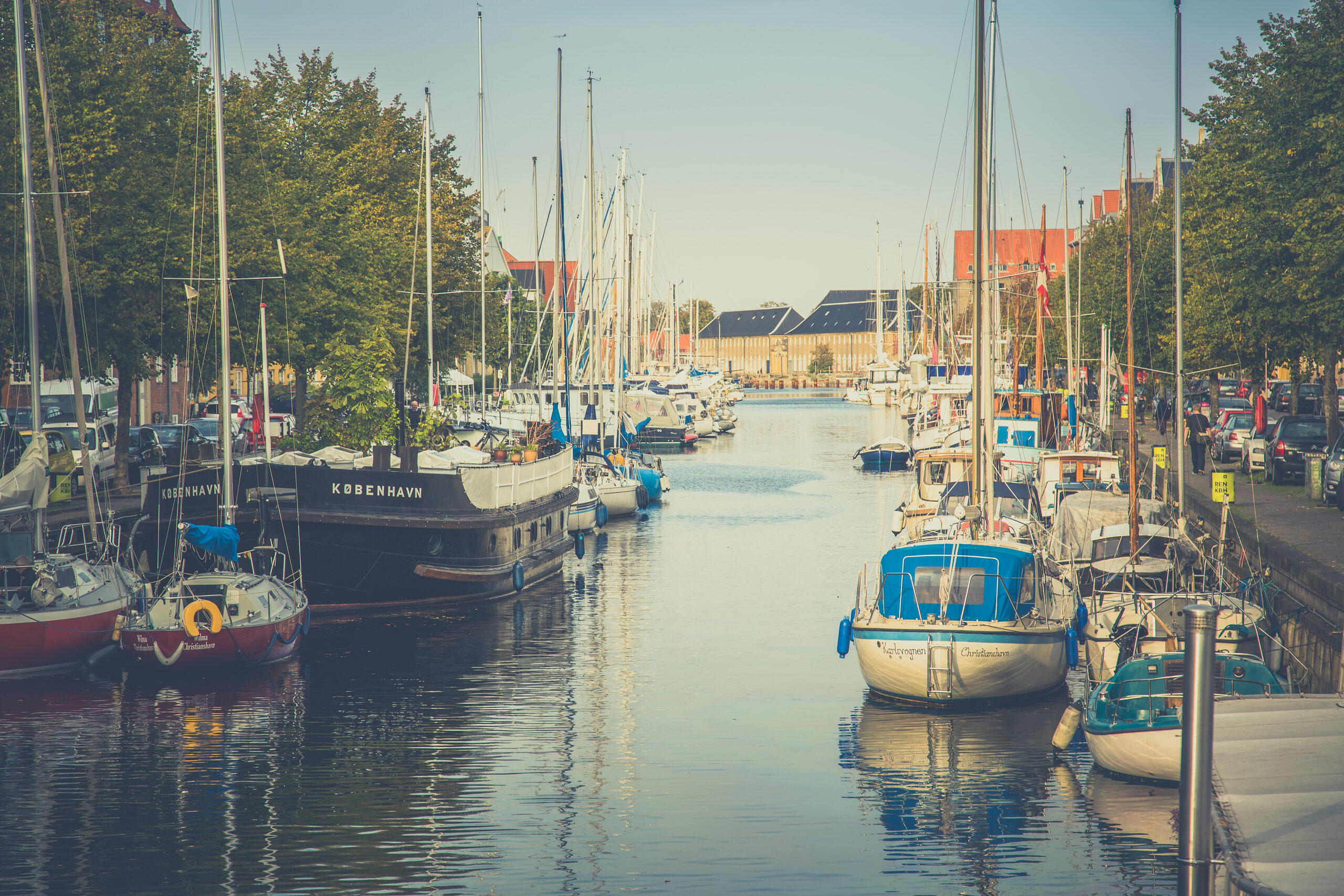 Boats moored along Christianshavn Canal in Copenhagen