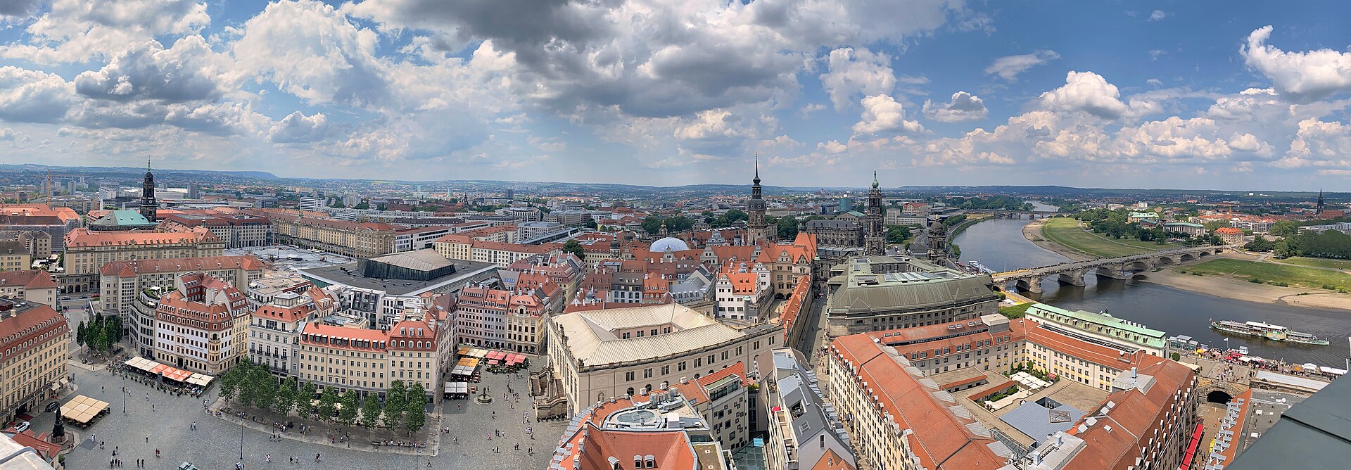 Panoramic view across Dresden's old town with the Frauenkirche rising above the skyline