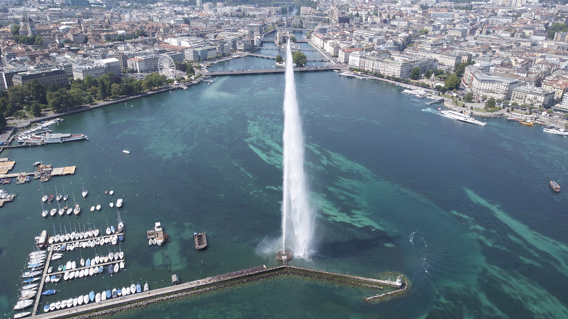 Aerial view of the Jet d'Eau and central Geneva on Lake Geneva