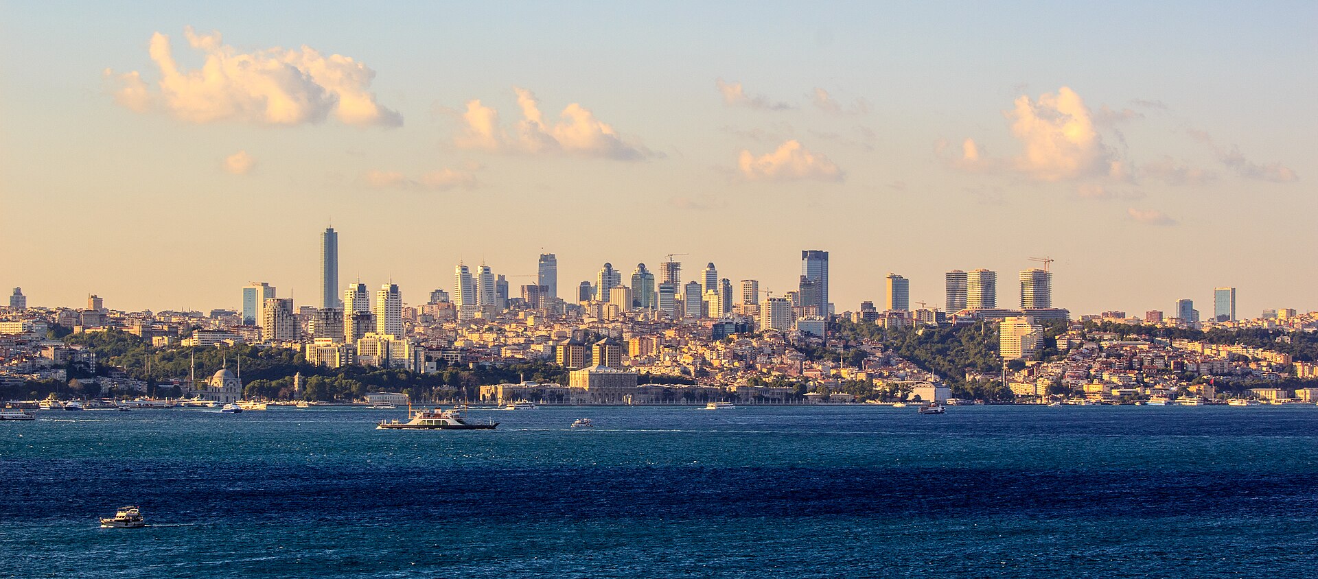 Modern Istanbul skyline across the Bosphorus at golden hour