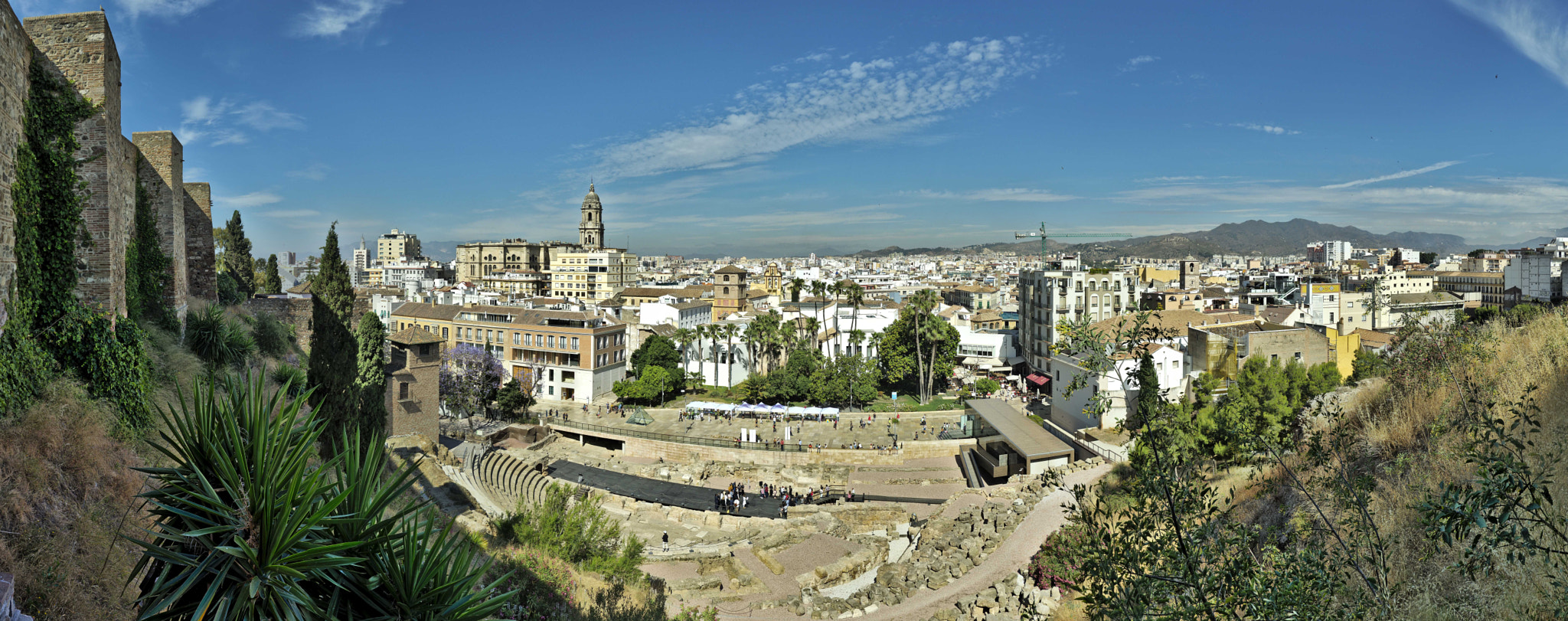 Wide view over Malaga from the Alcazaba with the cathedral and city skyline