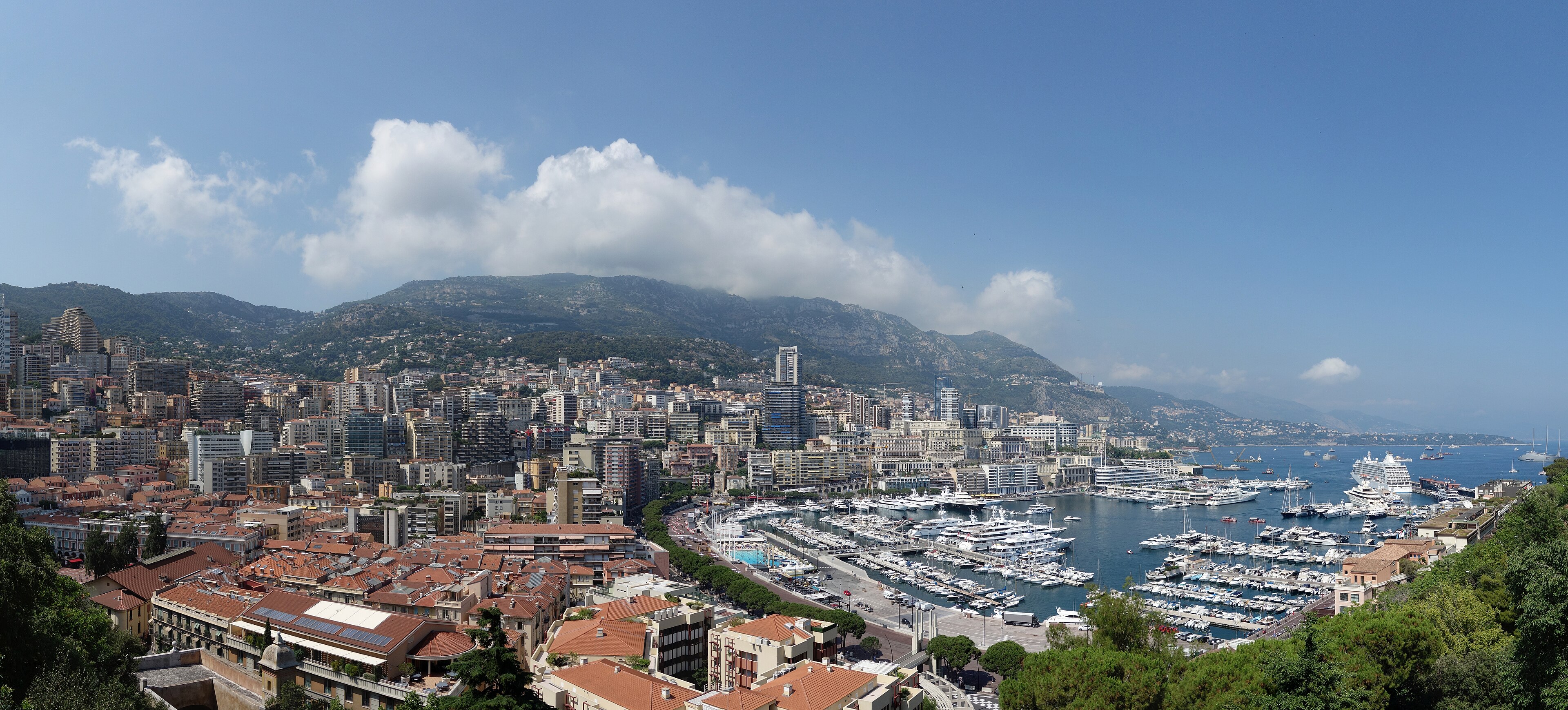 Monaco harbor and Monte-Carlo skyline framed by the Riviera hills