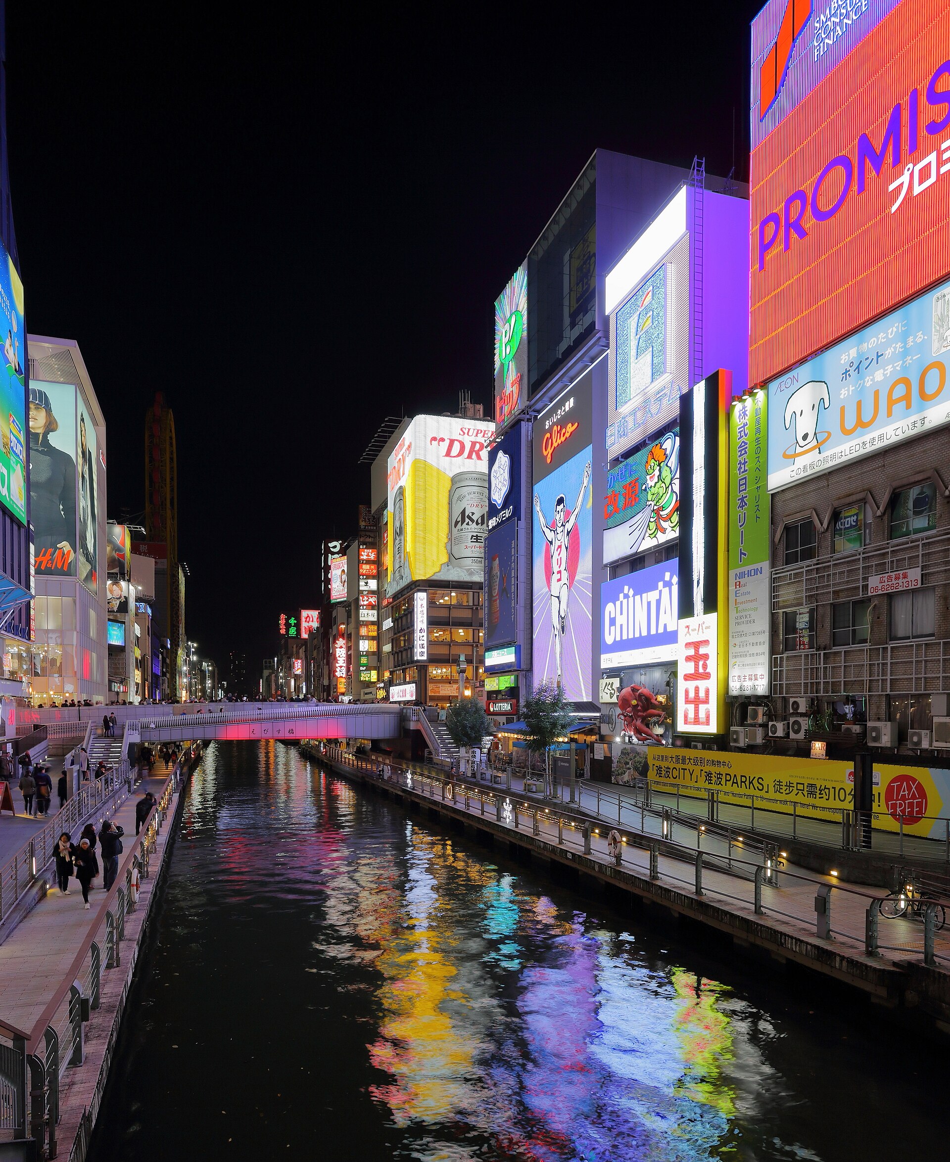 Neon signs above the Dotonbori canal in Osaka at night