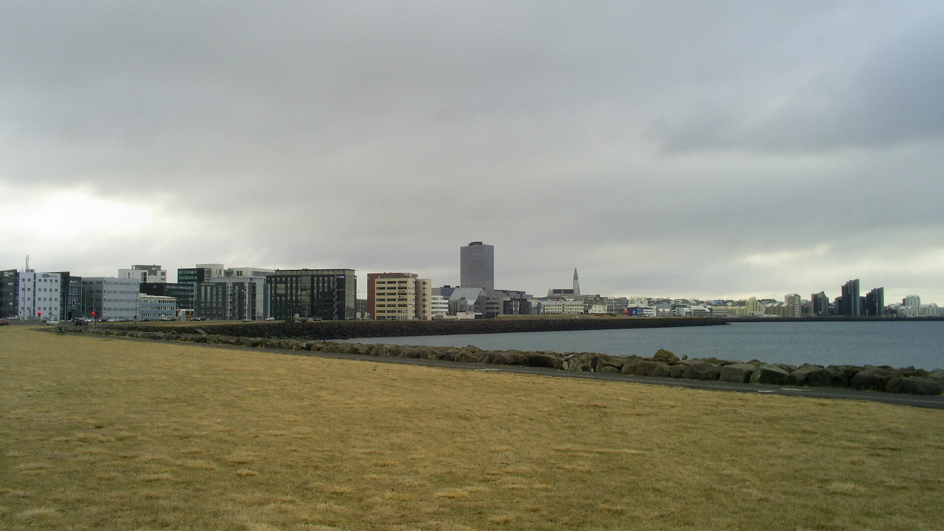 View across central Reykjavik, colorful roofs, and the bay