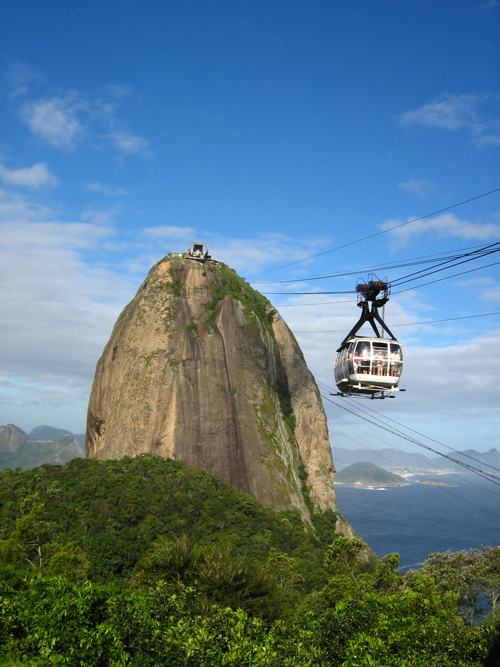 Cable car rising toward Sugarloaf Mountain in Rio de Janeiro