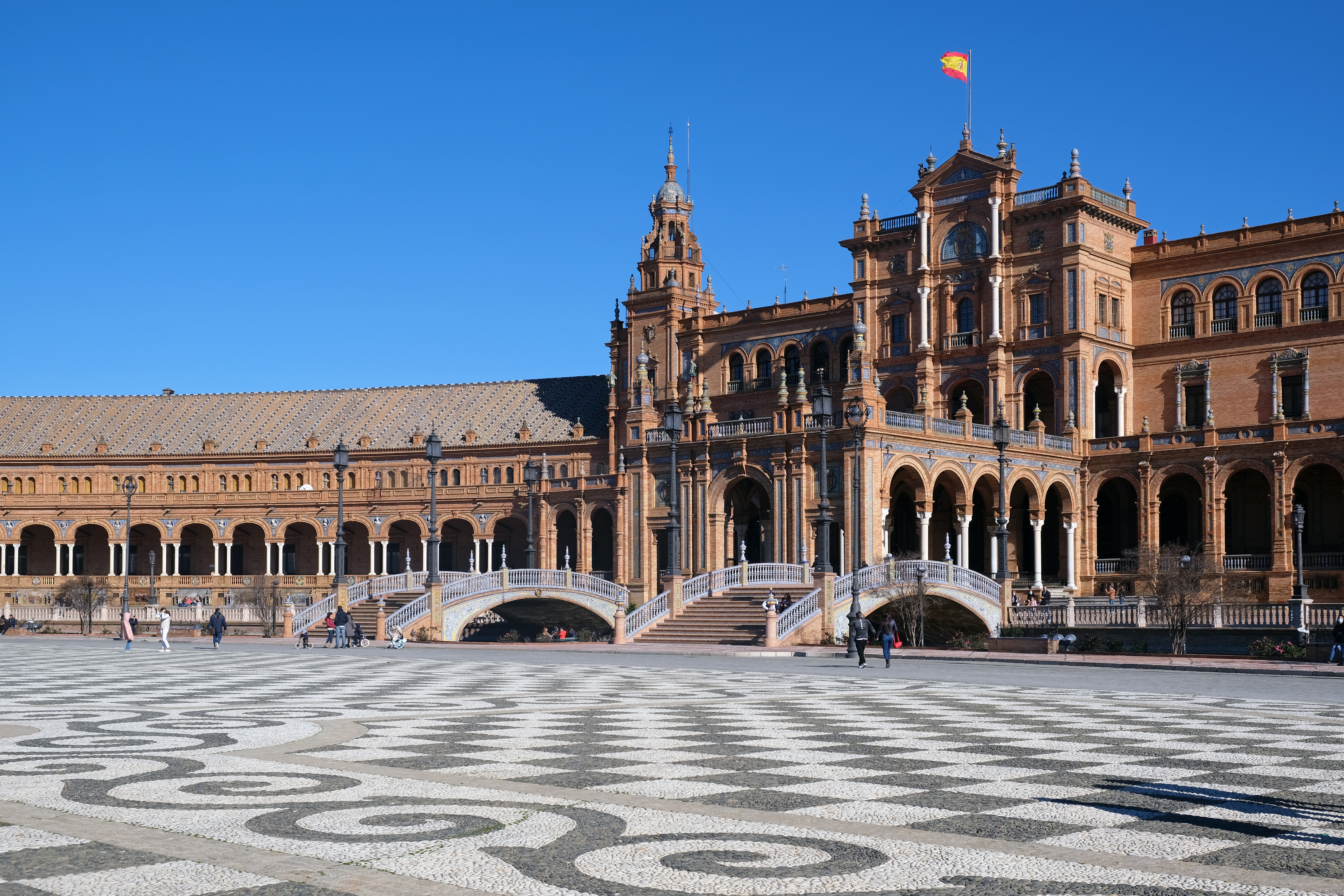 Main pavilion and canal bridge at Plaza de España in Seville