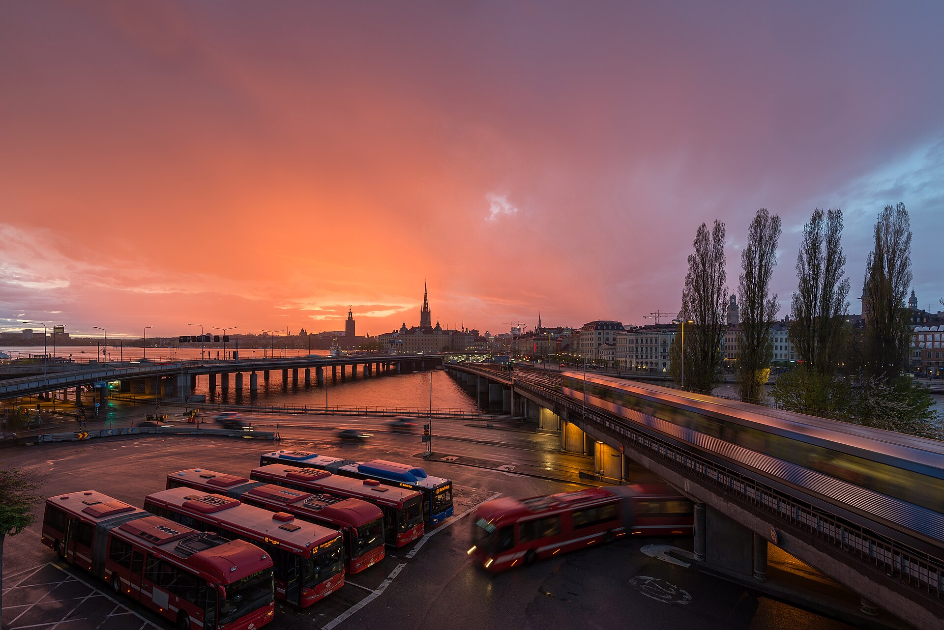 Sunrise view from Slussen toward Gamla Stan and Stockholm City Hall