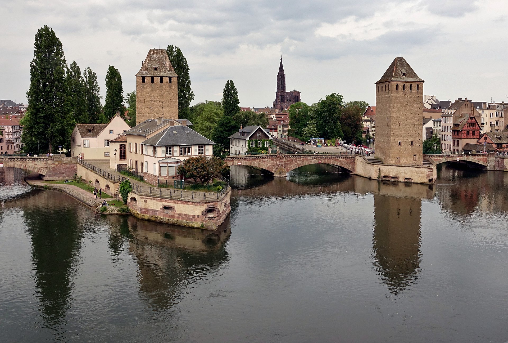 The Ponts Couverts towers in Strasbourg with the cathedral rising in the distance