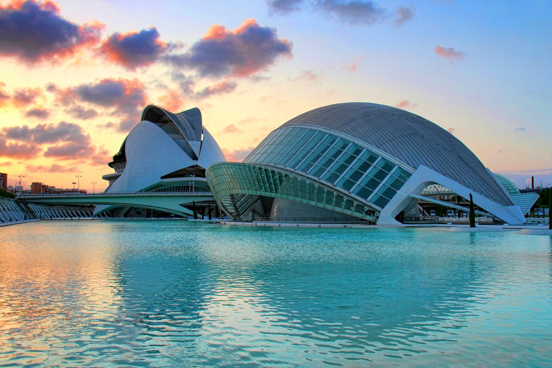 Sunset over the City of Arts and Sciences complex in Valencia
