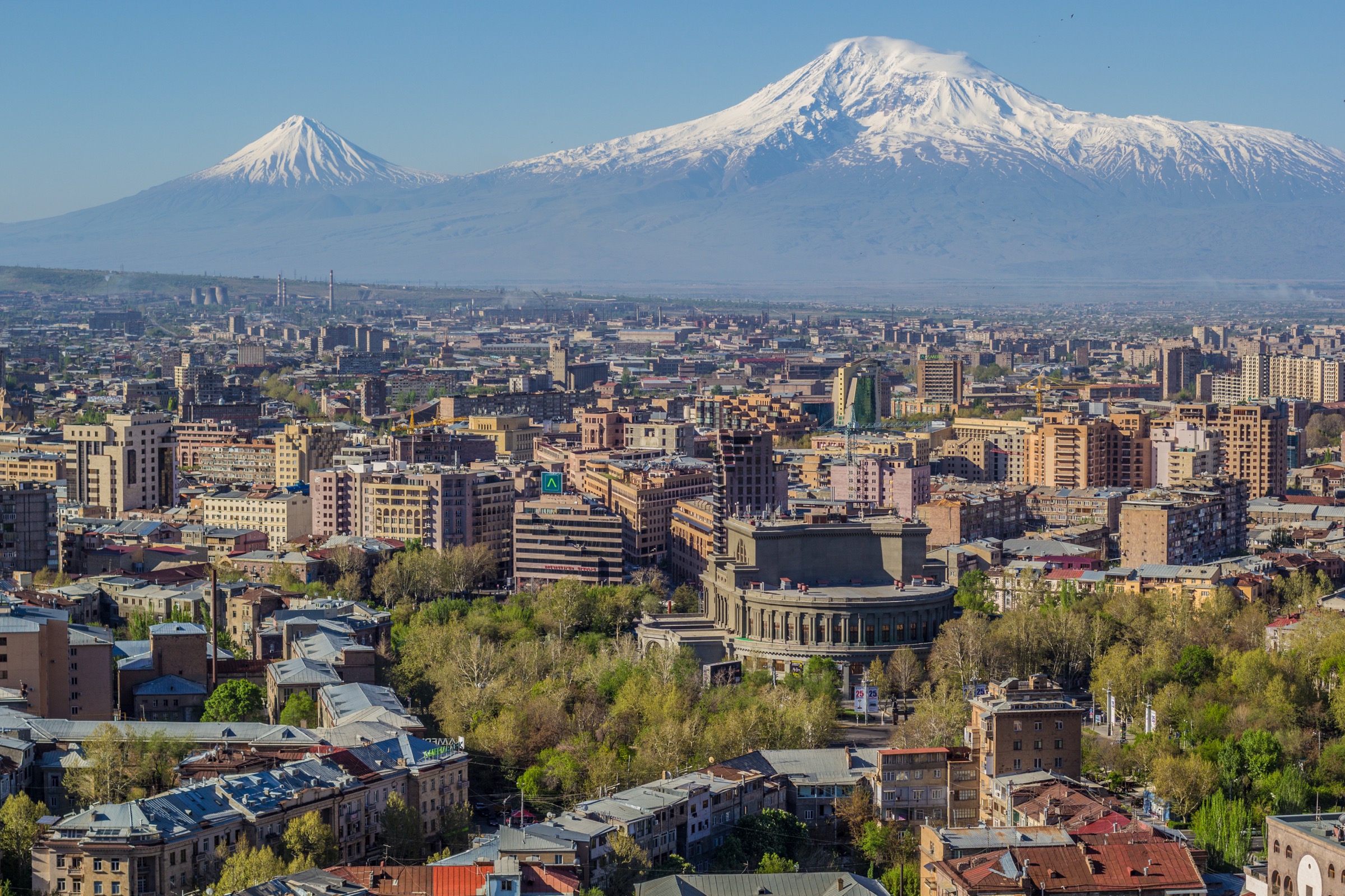 Mount Ararat rising above the Yerevan skyline in Armenia