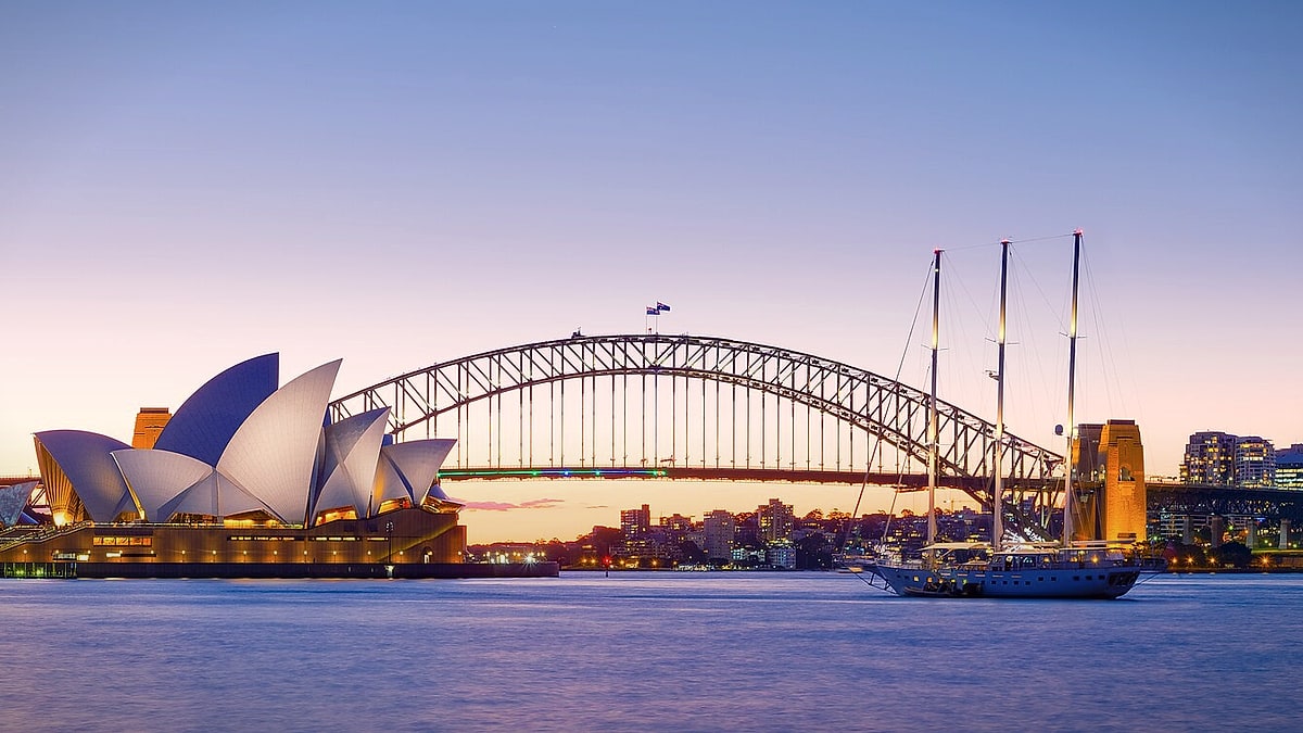Sydney Opera House and Harbour Bridge at dusk in Sydney, Australia