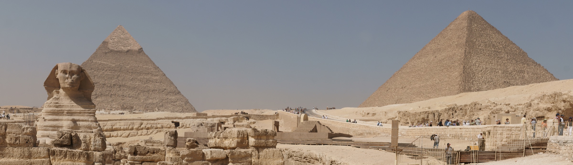 The Great Sphinx with the pyramids of Giza behind it in Egypt