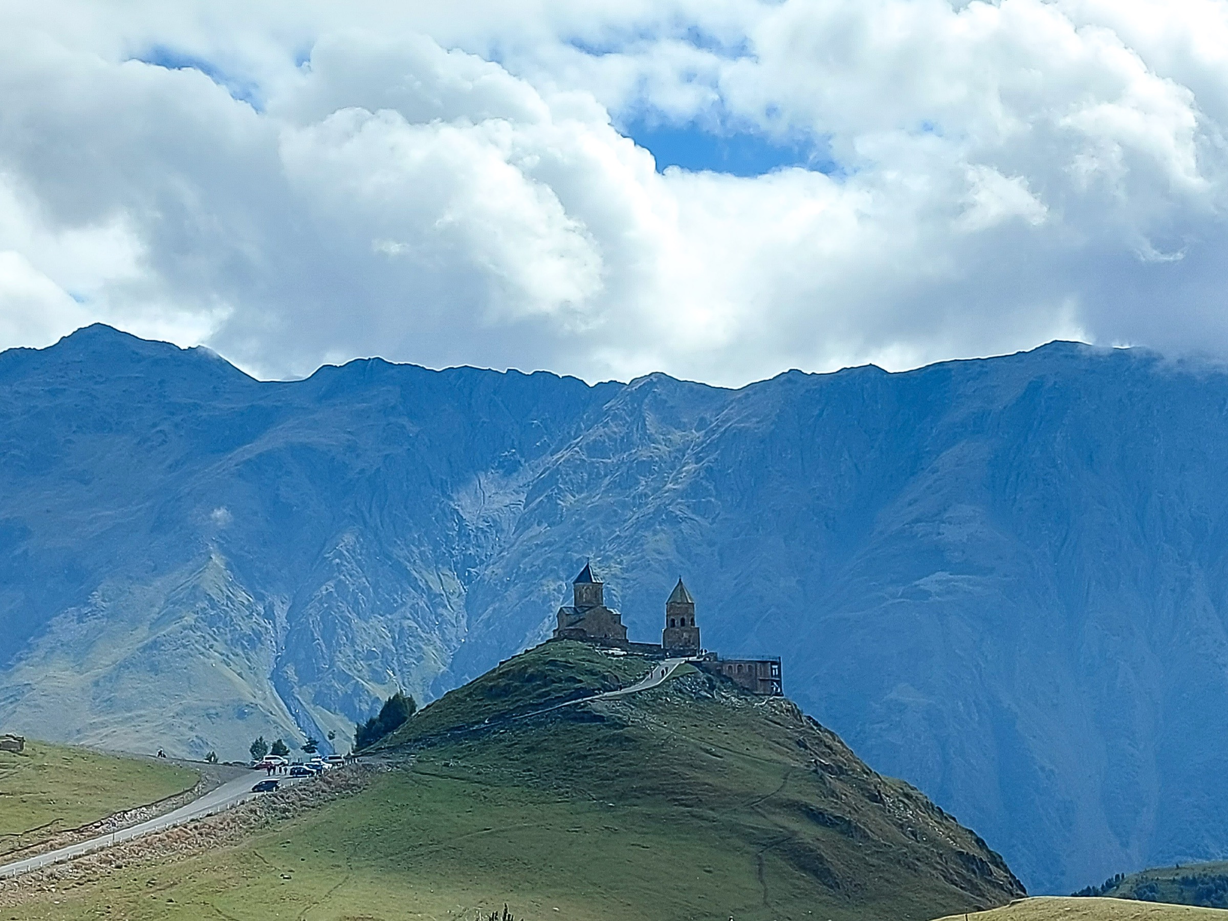 Gergeti Trinity Church beneath the Caucasus mountains in Georgia