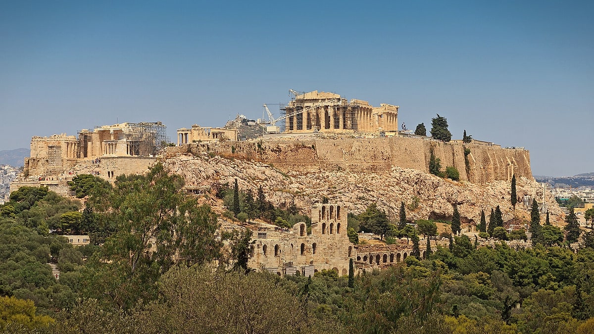 The Acropolis seen from Philopappos Hill in Athens, Greece