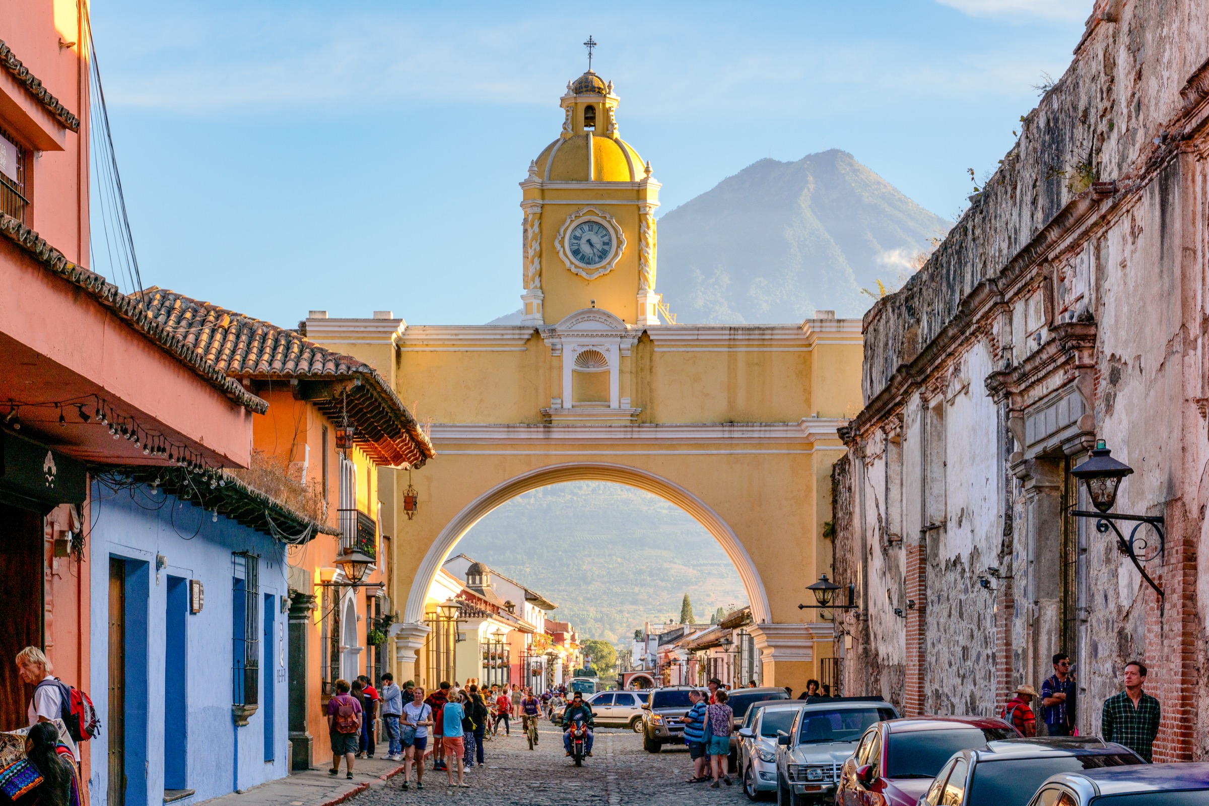 Santa Catalina Arch with Volcan de Agua behind it in Antigua Guatemala