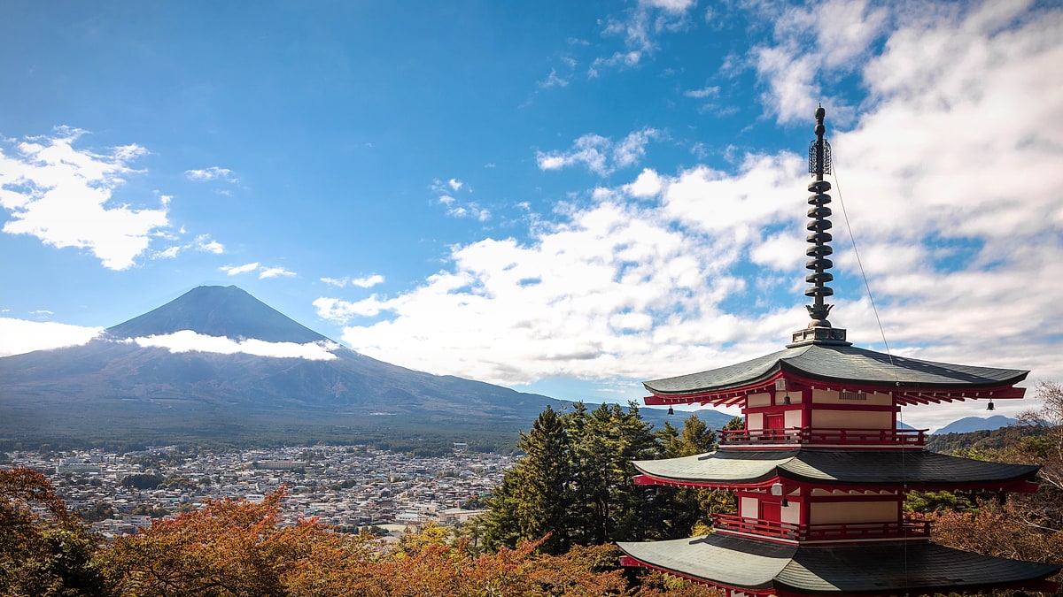 Chureito Pagoda framed against Mount Fuji in Japan