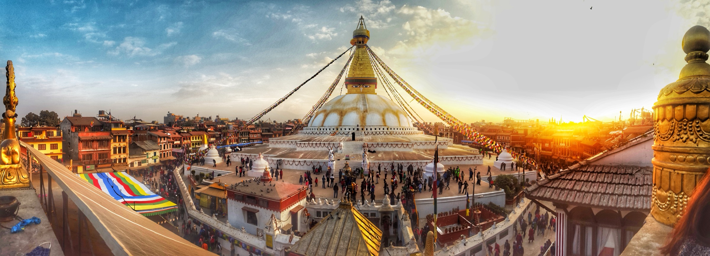 Boudhanath Stupa at sunset in Kathmandu, Nepal