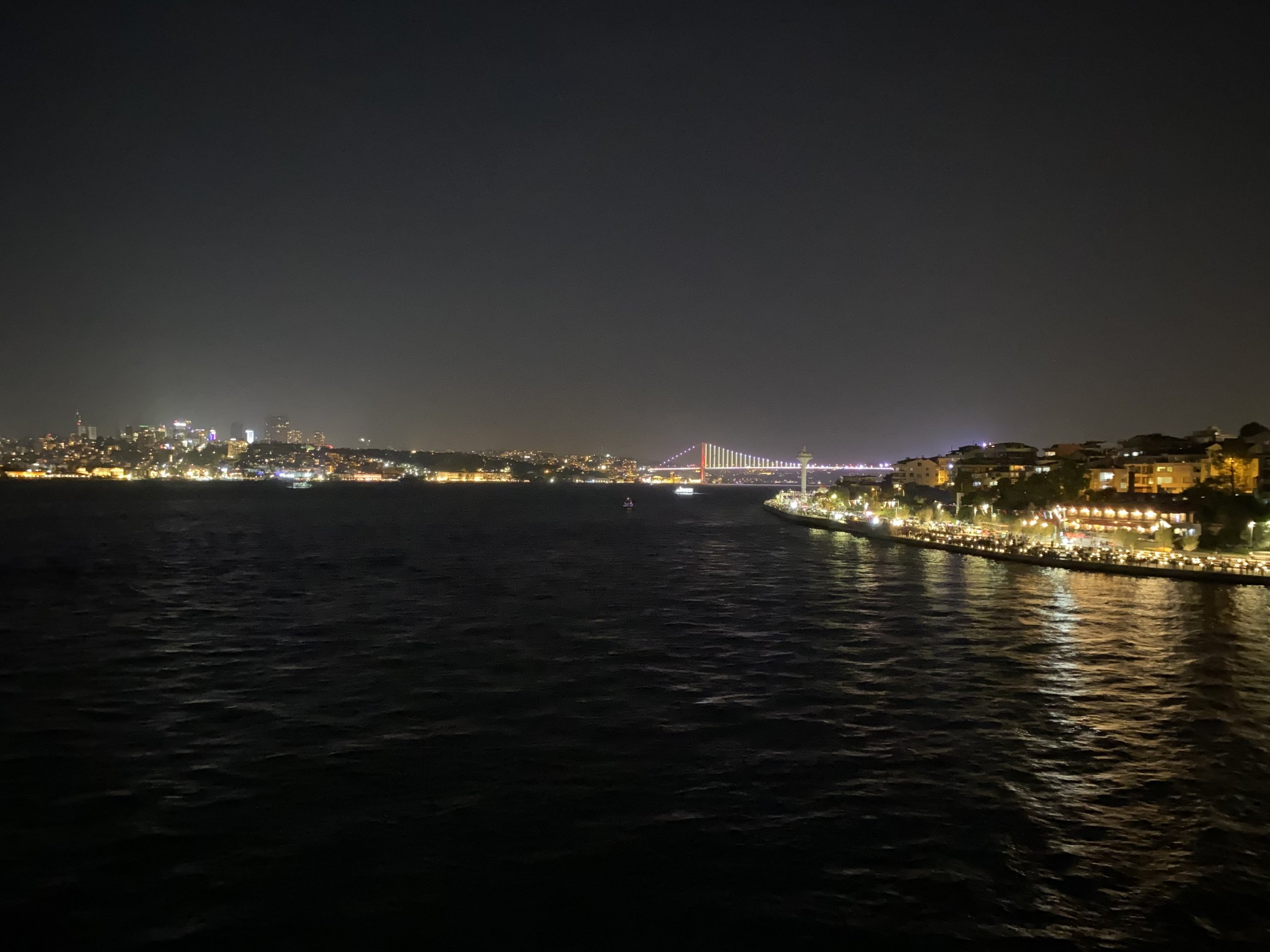 Night view across the Bosphorus with the bridge lit up in Istanbul