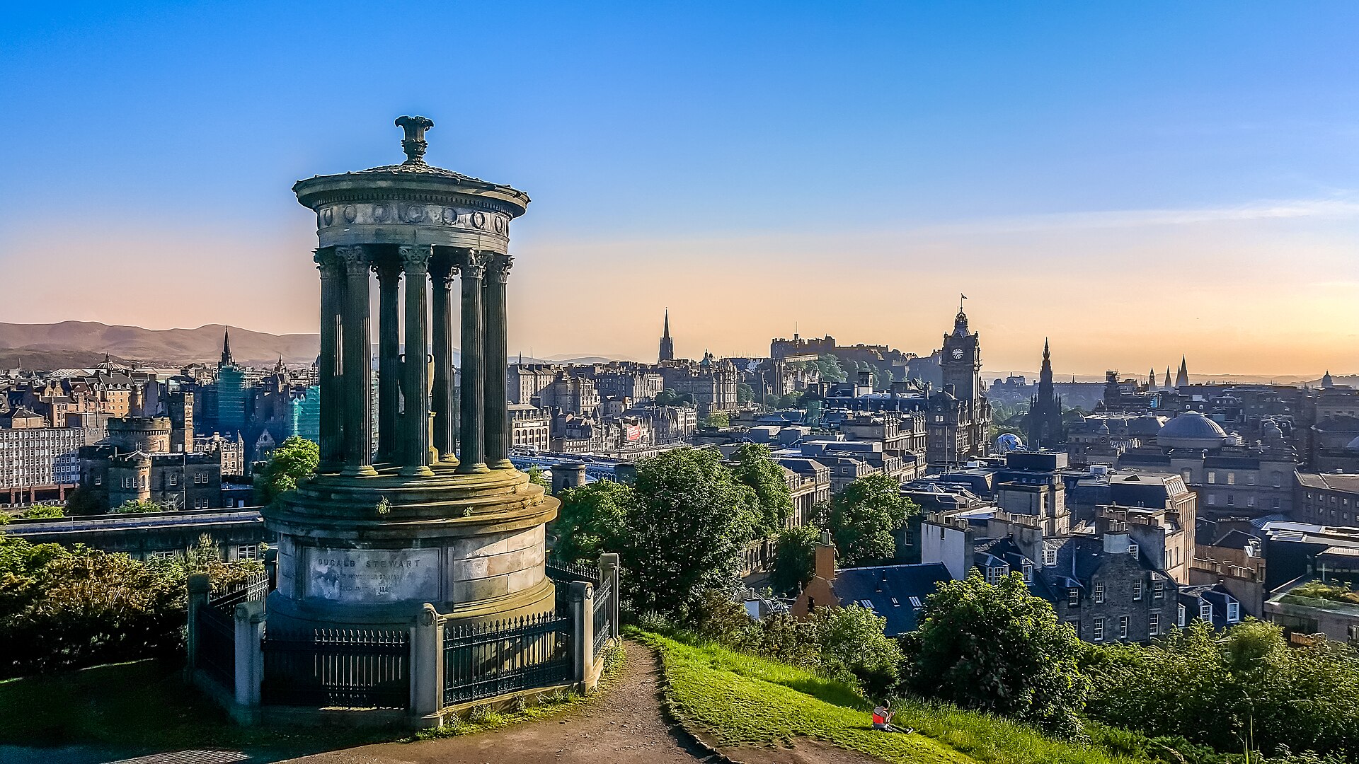 Edinburgh skyline and the Dugald Stewart Monument from Calton Hill